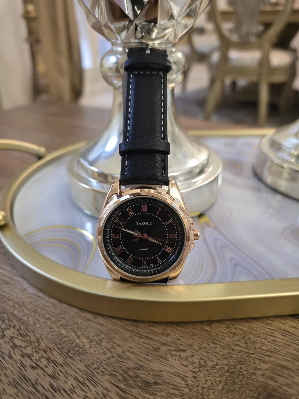 Yazole Men's Black Dial Rose Gold Case Leather Strap Watch